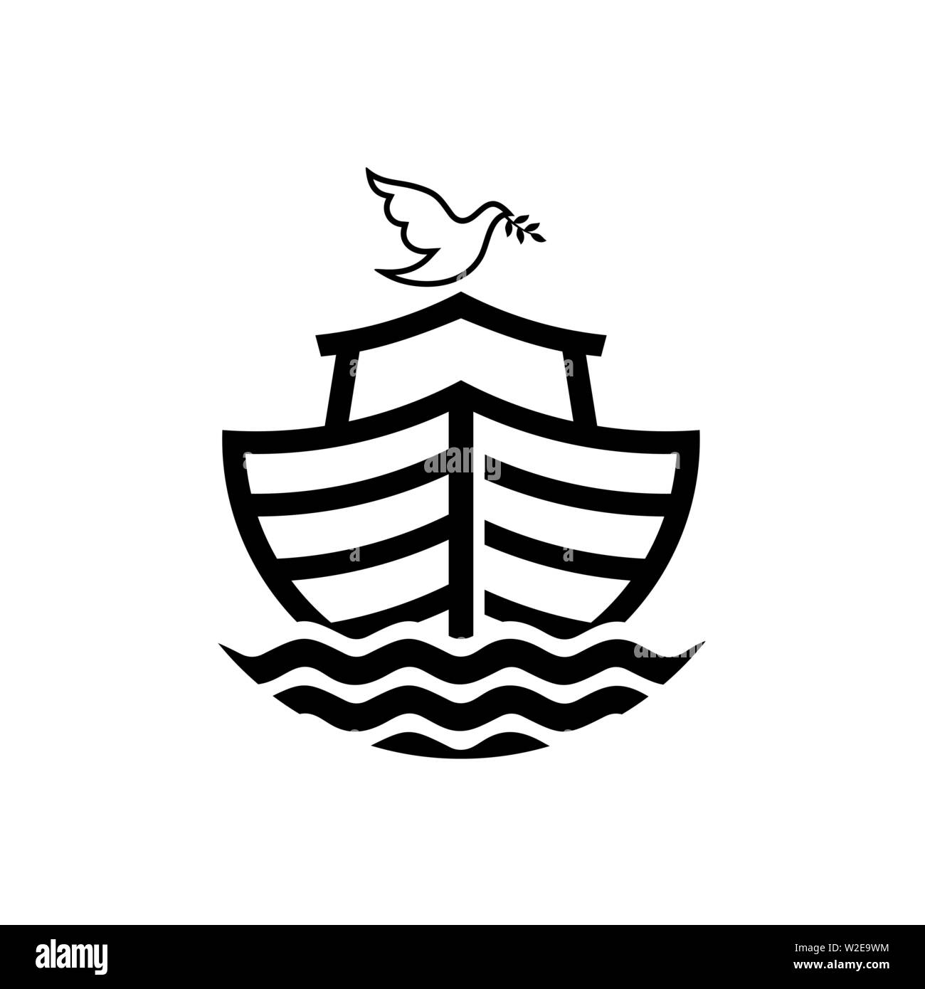 Logo of Noah's Ark. Dove with a branch of olive. Ship to rescue animals and people from the Flood. Biblical illustration. Stock Vector