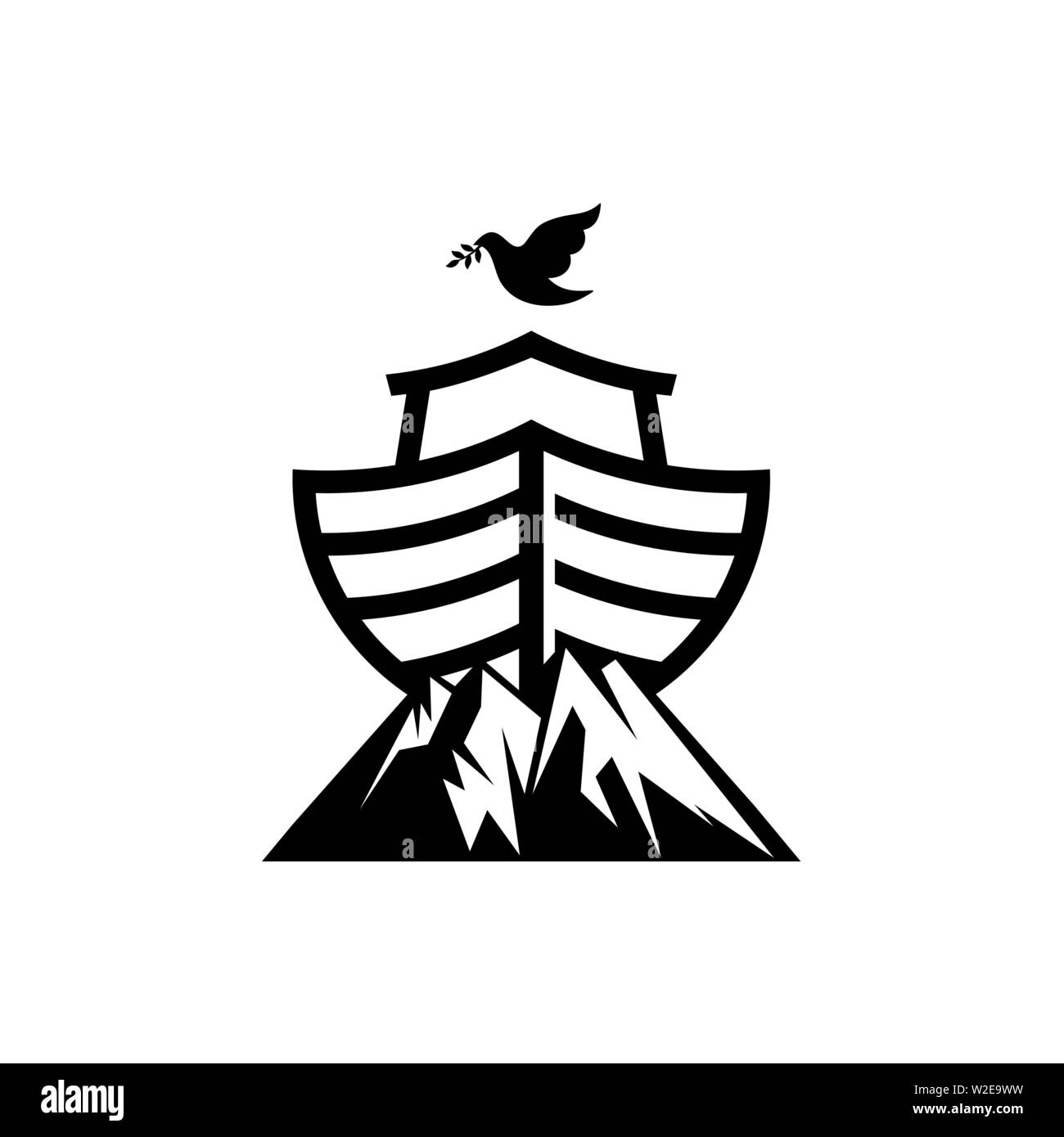 Logo Noah's ark on top of the mountain. Dove with a branch of olive. Ship to rescue animals and people from the Flood. Biblical illustration. Stock Vector