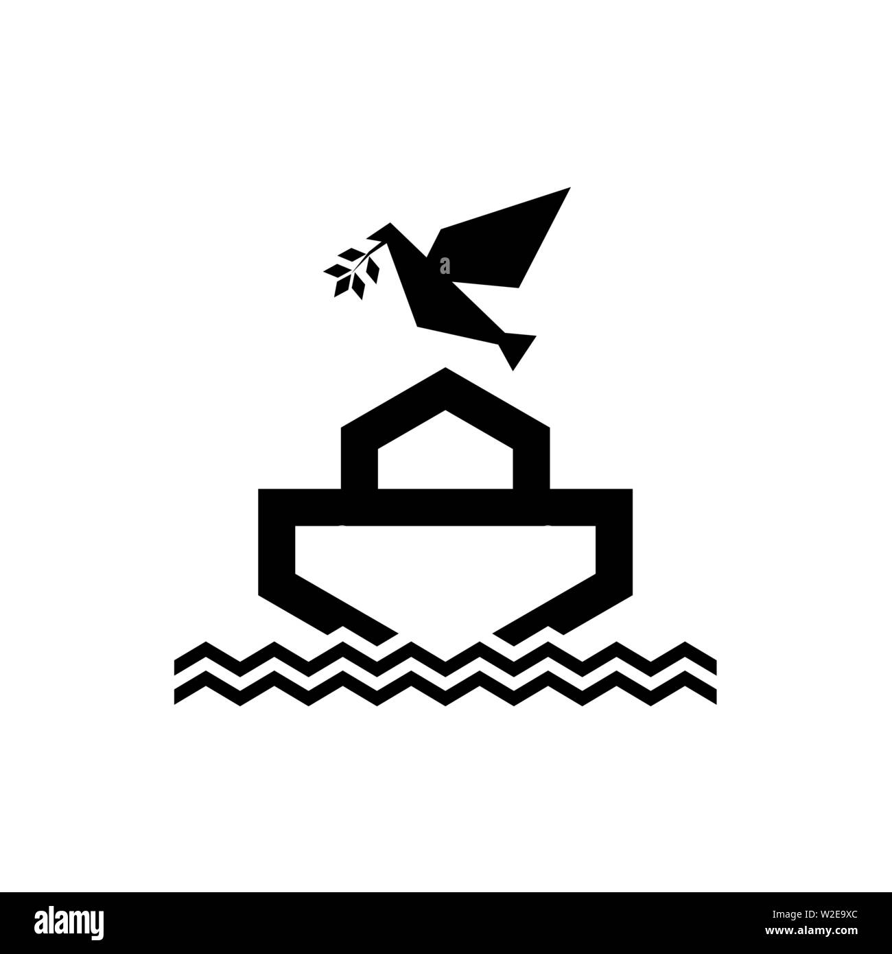 Logo of Noah's Ark. Dove with a branch of olive. Ship to rescue animals and people from the Flood. Biblical illustration. Stock Vector