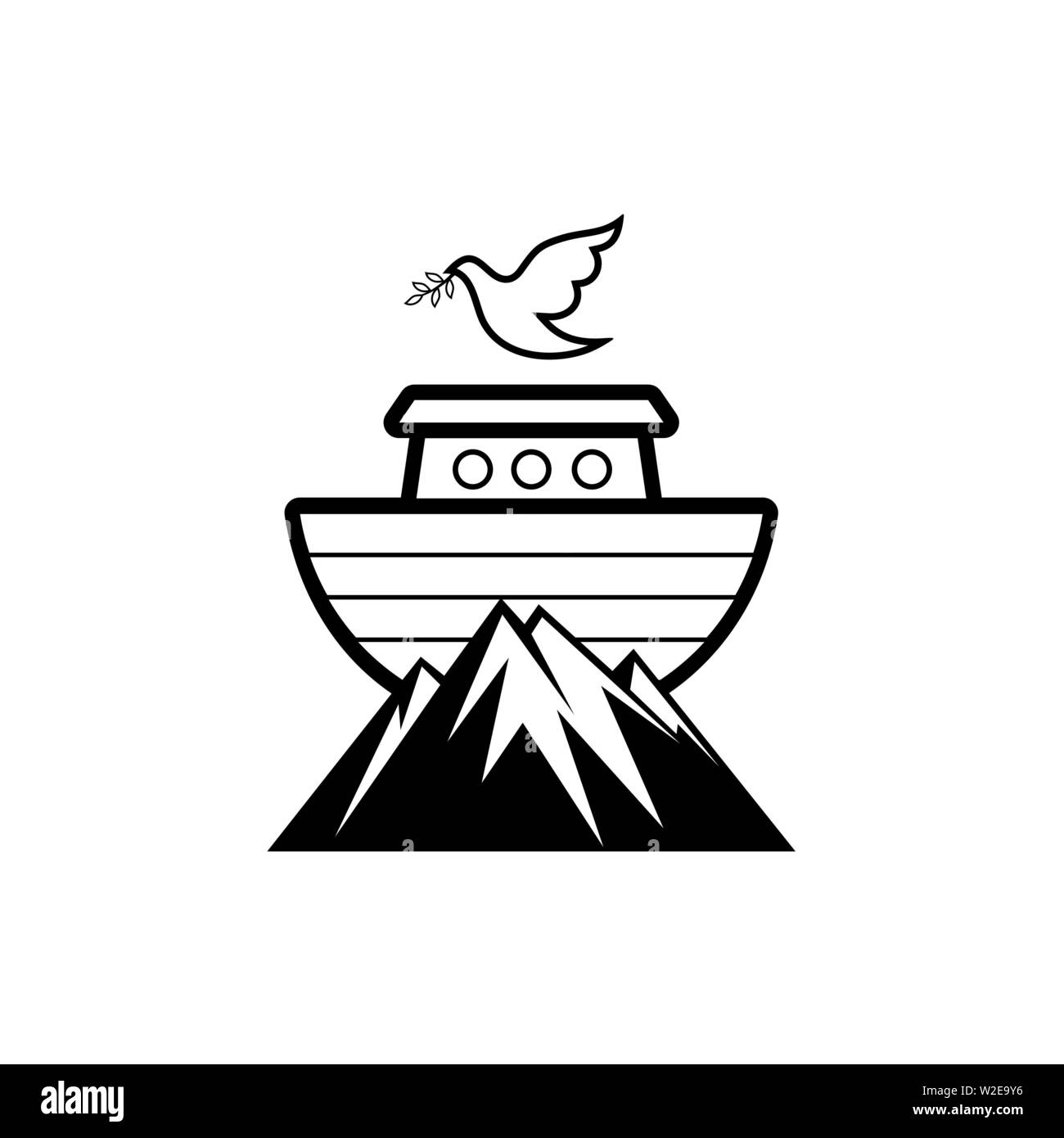 Logo Noah's ark on top of the mountain. Dove with a branch of olive. Ship to rescue animals and people from the Flood. Biblical illustration. Stock Vector