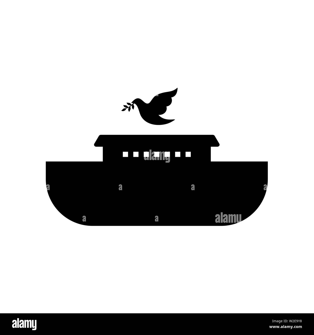 Logo of Noah's Ark. Dove with a branch of olive. Ship to rescue animals and people from the Flood. Biblical illustration. Stock Vector