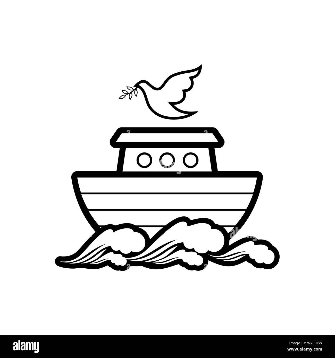 Logo of Noah's Ark. Dove with a branch of olive. Ship to rescue animals and people from the Flood. Biblical illustration. Stock Vector