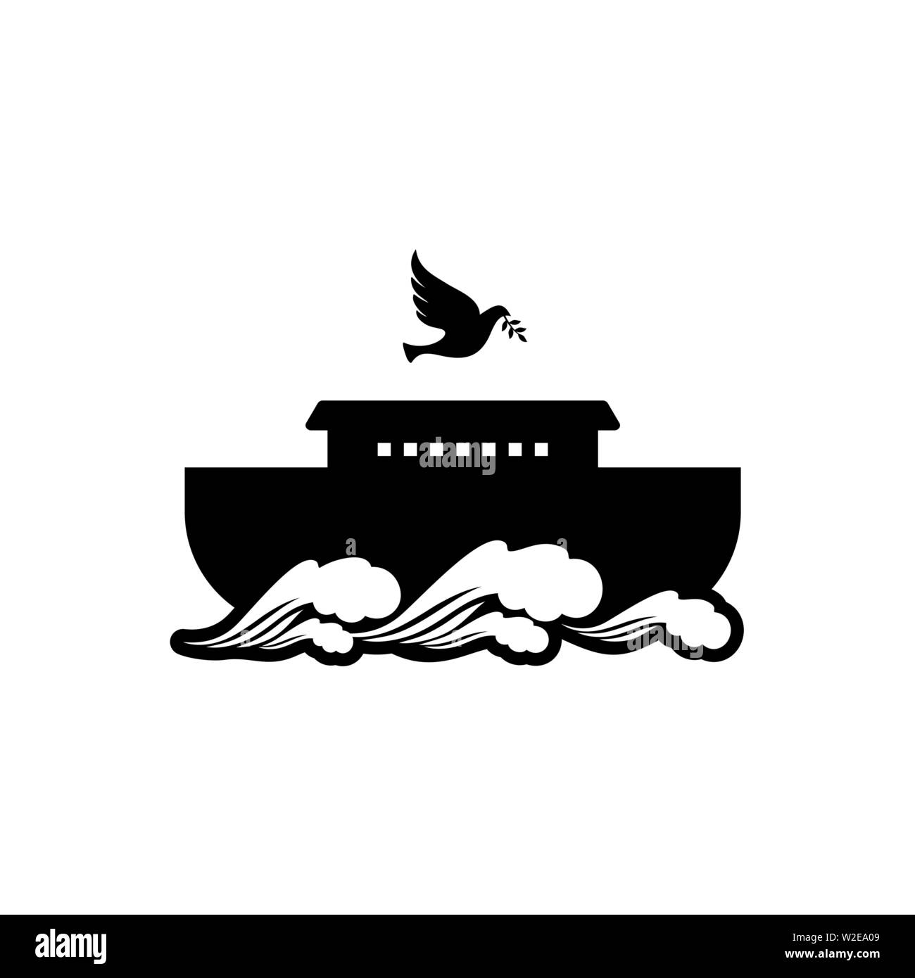 Logo of Noah's Ark. Dove with a branch of olive. Ship to rescue animals and people from the Flood. Biblical illustration. Stock Vector