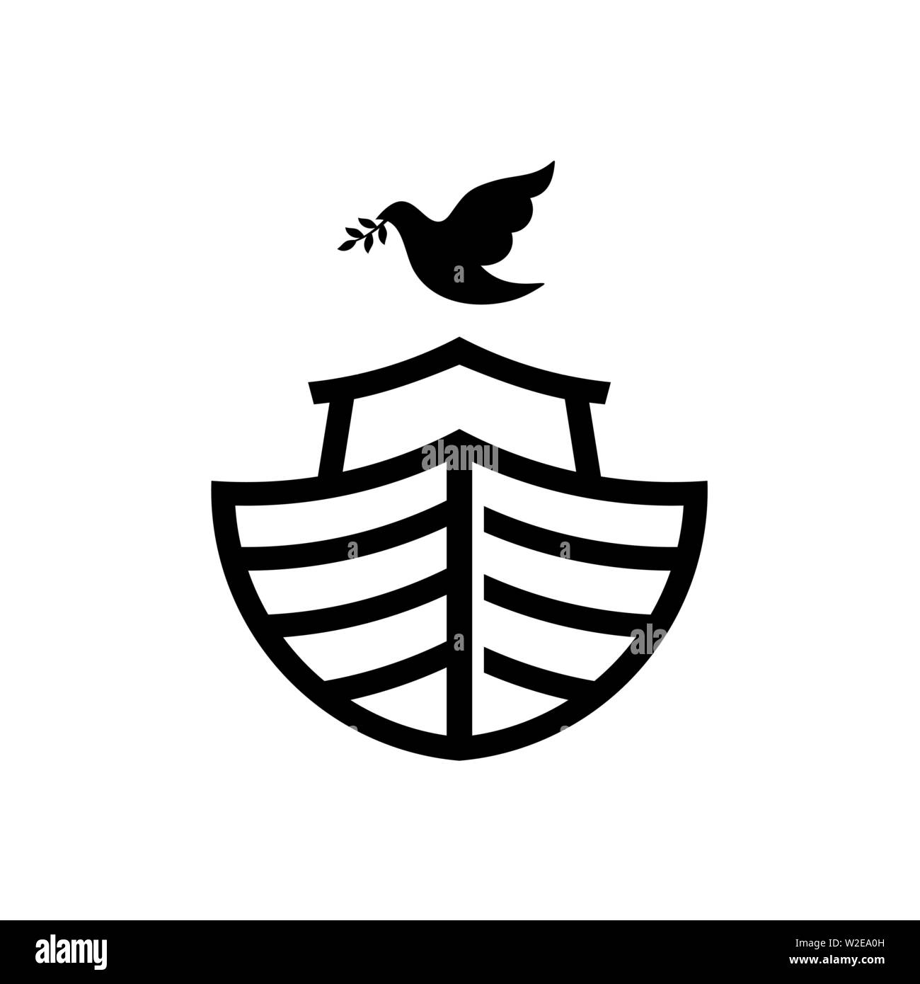 Logo of Noah's Ark. Dove with a branch of olive. Ship to rescue animals and people from the Flood. Biblical illustration. Stock Vector