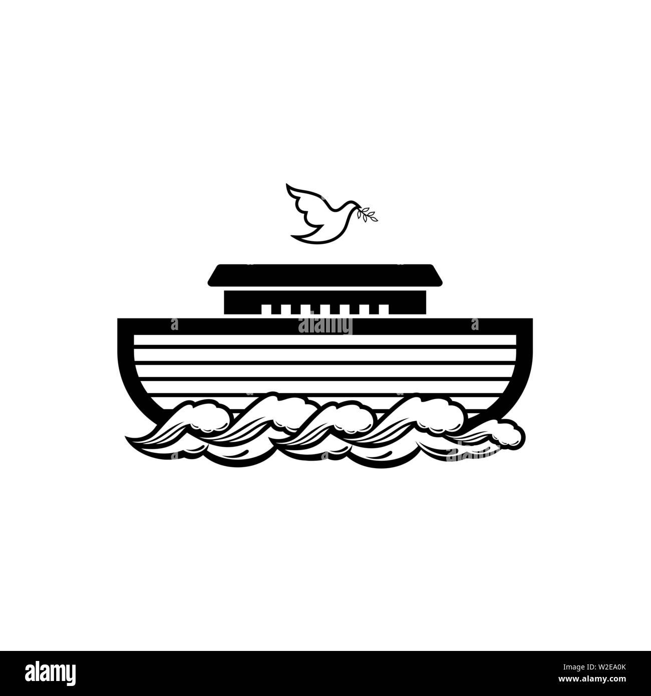 Logo of Noah's Ark. Dove with a branch of olive. Ship to rescue animals and people from the Flood. Biblical illustration. Stock Vector