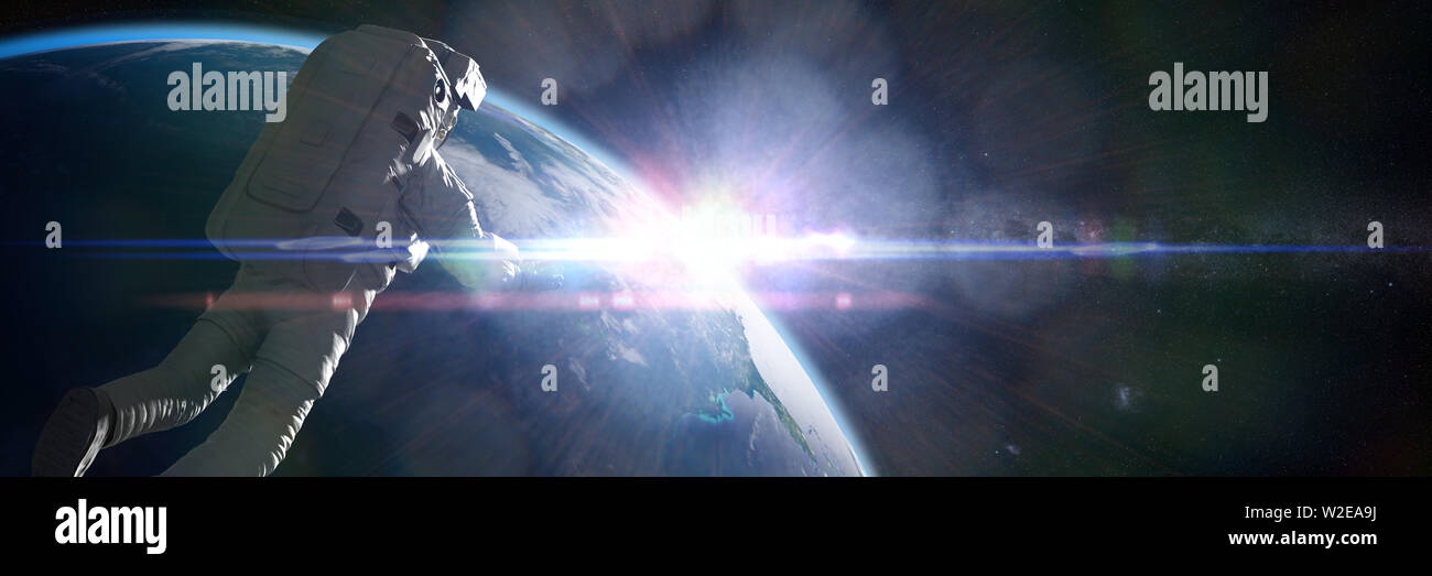 astronaut in orbit of planet Earth (3d space illustration banner ...