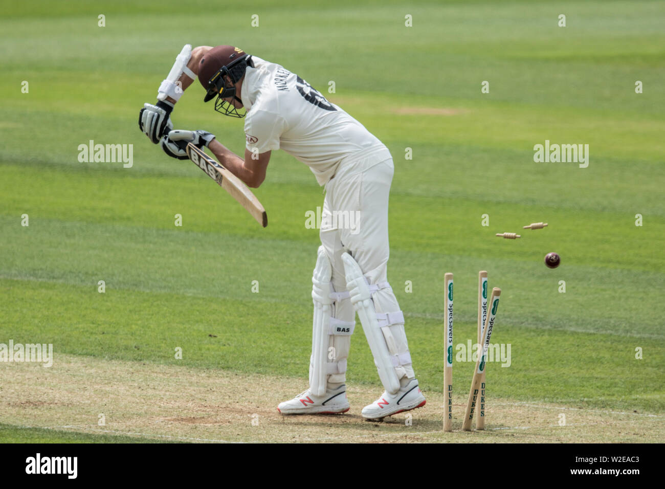London, UK. 8 July, 2019.Matthew Milnes gets the wicket of Morne Morkel bowling for Surrey against Kent on day two of the Specsavers County Championship game at the Oval. David Rowe/Alamy Live New Stock Photo