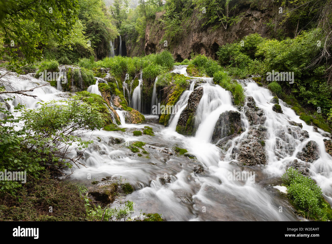 Summer view of Roughlock Falls on the Spearfish Canyon Scenic Byway in the Black Hills National Forest of South Dakota Stock Photo