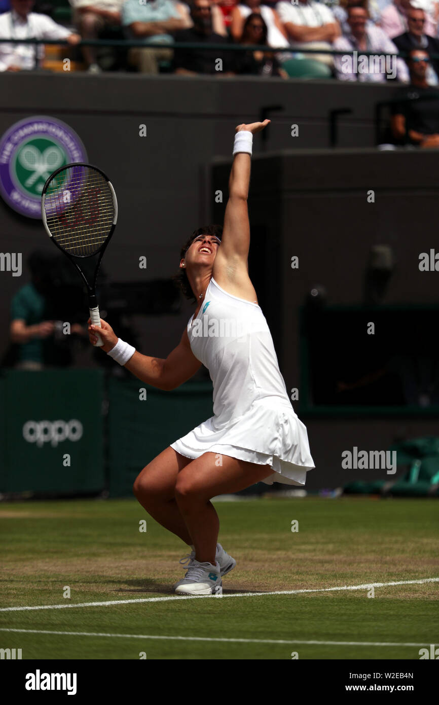 London, UK. 08th July, 2019. Wimbledon, London, UK. 8th July, 2019. Carla Suarez Navarro of Spain serving during her fourth round match against Serena Williams at Wimbledon today. Credit: Adam Stoltman/Alamy Live News Stock Photo