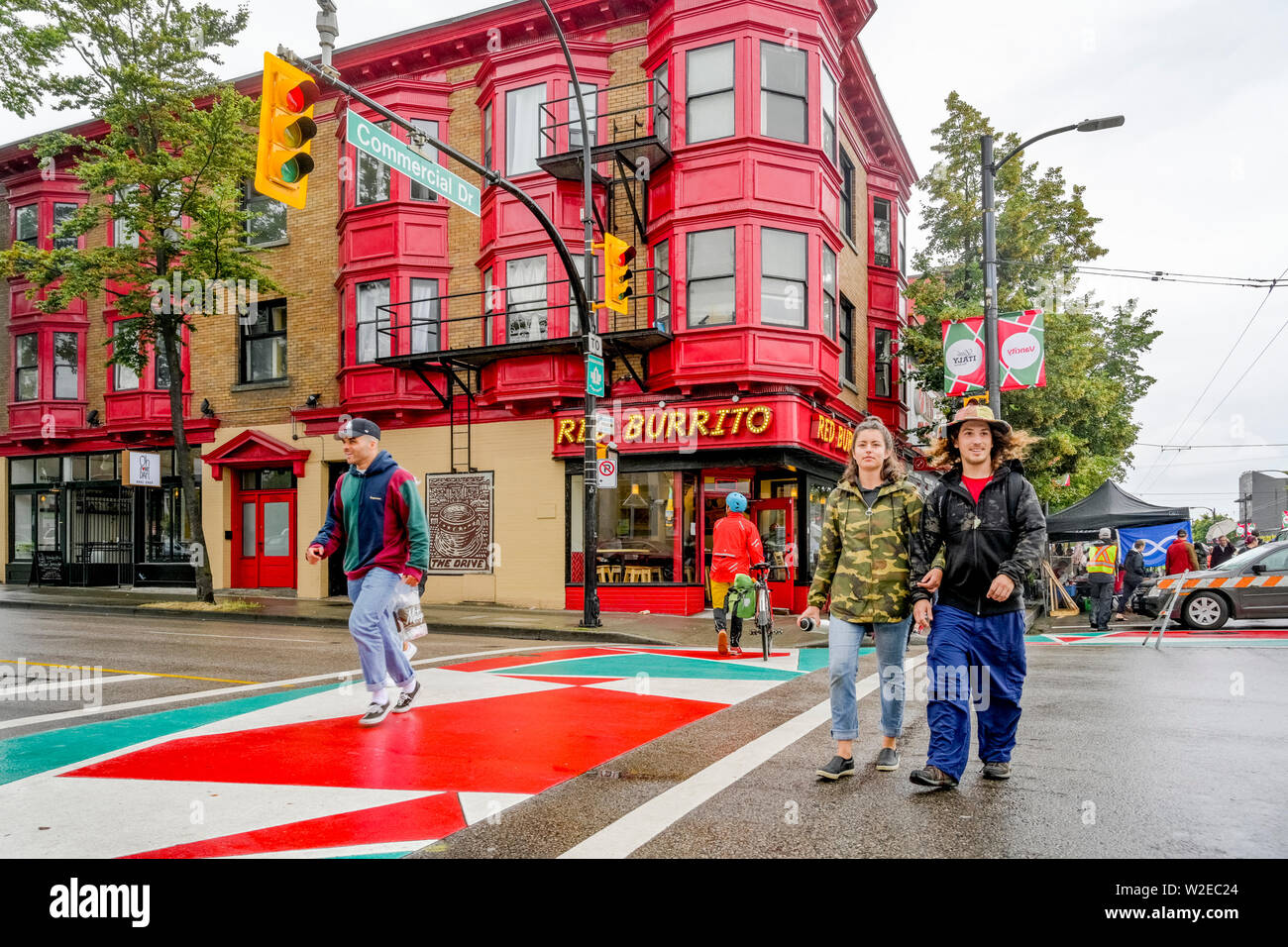 Italian colours at intersection crossing, Little Italy, Commercial Drive, Vancouver, British Columbia, Canada Stock Photo