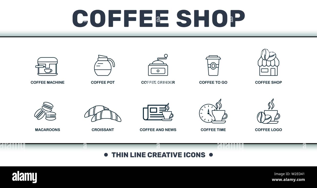 Coffe Shop set icons collection. Includes simple elements such as Coffee Machine, Coffee Pot, Coffee Grinder, Coffee To Go, Coffee Shop, Croissant and Stock Vector