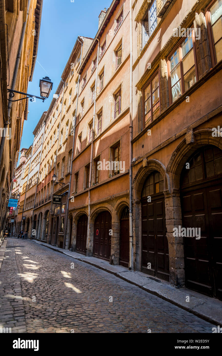 Atmospheric street in Vieux Lyon or Old Lyon, one of Europe’s most extensive Renaissance neighbourhoods, Lyon, France Stock Photo
