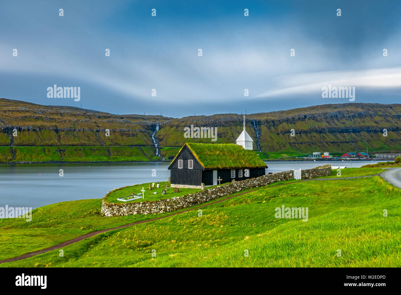 Ultra long exposure of black wooden church of Kaldbak, Kaldbak Kirkja, on Streymoy island, Faroe Islands Stock Photo