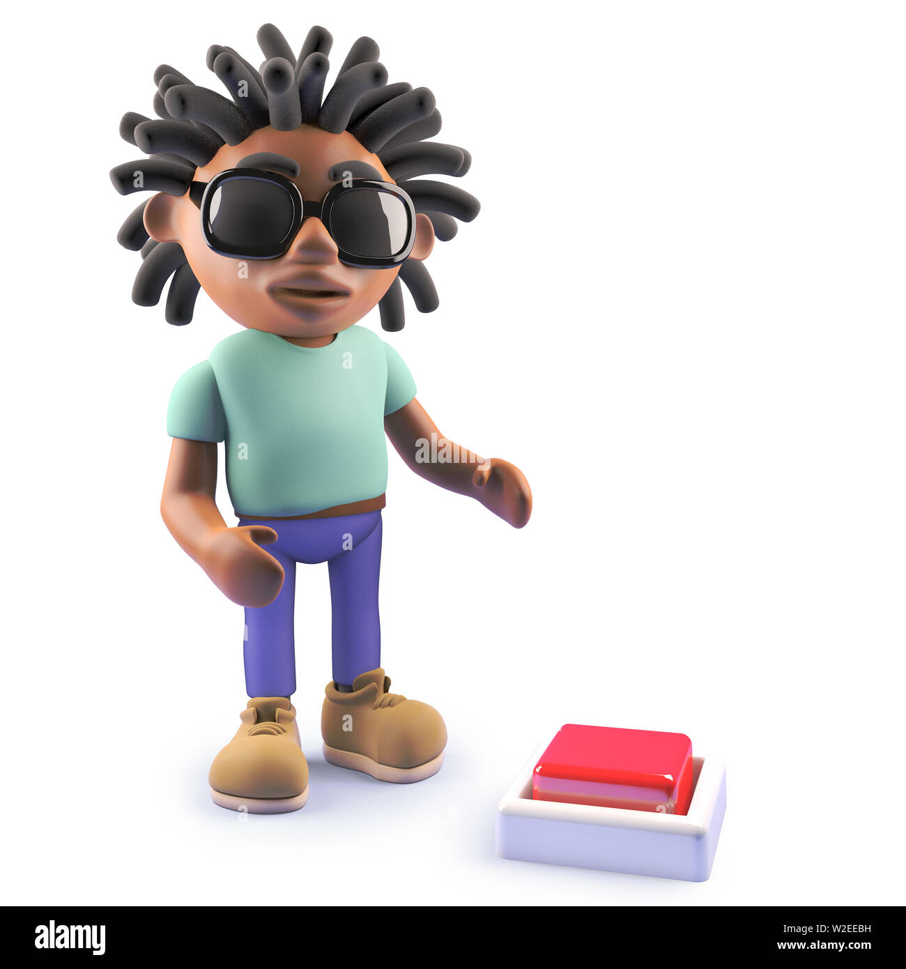 Rendered image of a cool cartoon black rastafarian character looking at a  button, 3d illustration Stock Photo - Alamy