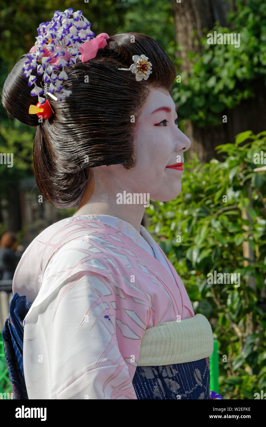 TOKYO, JAPAN, May 18, 2019 : Geishas during Sanja Matsuri, one of the great Shinto festivals of Tokyo and is held in May, in Asakusa district, around Stock Photo