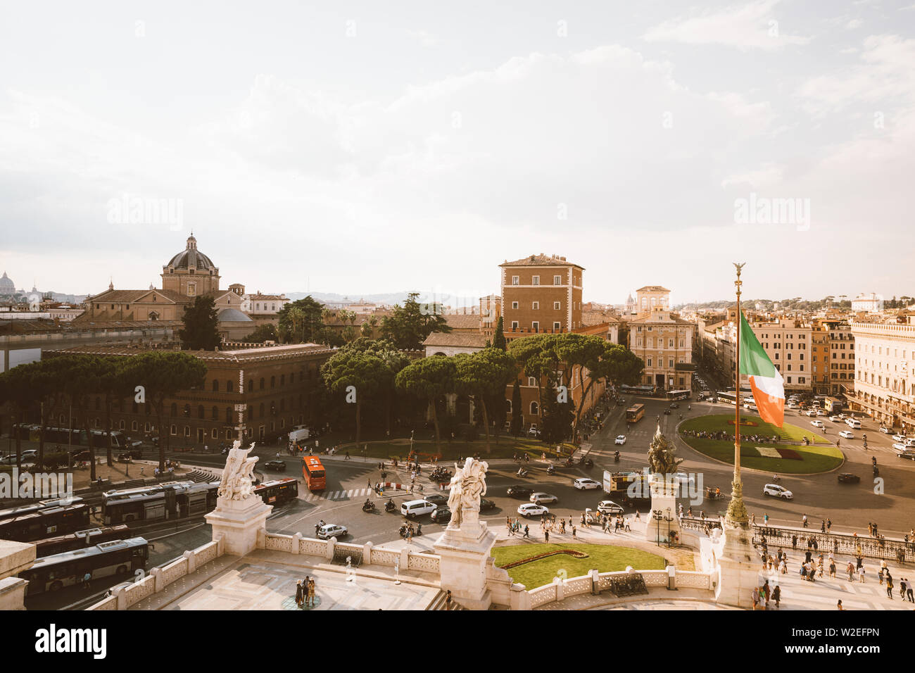 Rome, Italy - June 19, 2018: Panoramic view of Piazza Venezia and city from Vittorio Emanuele II Monument also known as the Vittoriano in Rome. Traffi Stock Photo