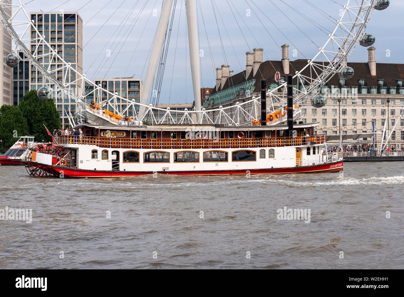 Elizabethan pleasure vessel on the River Thames by London Eye. Replica