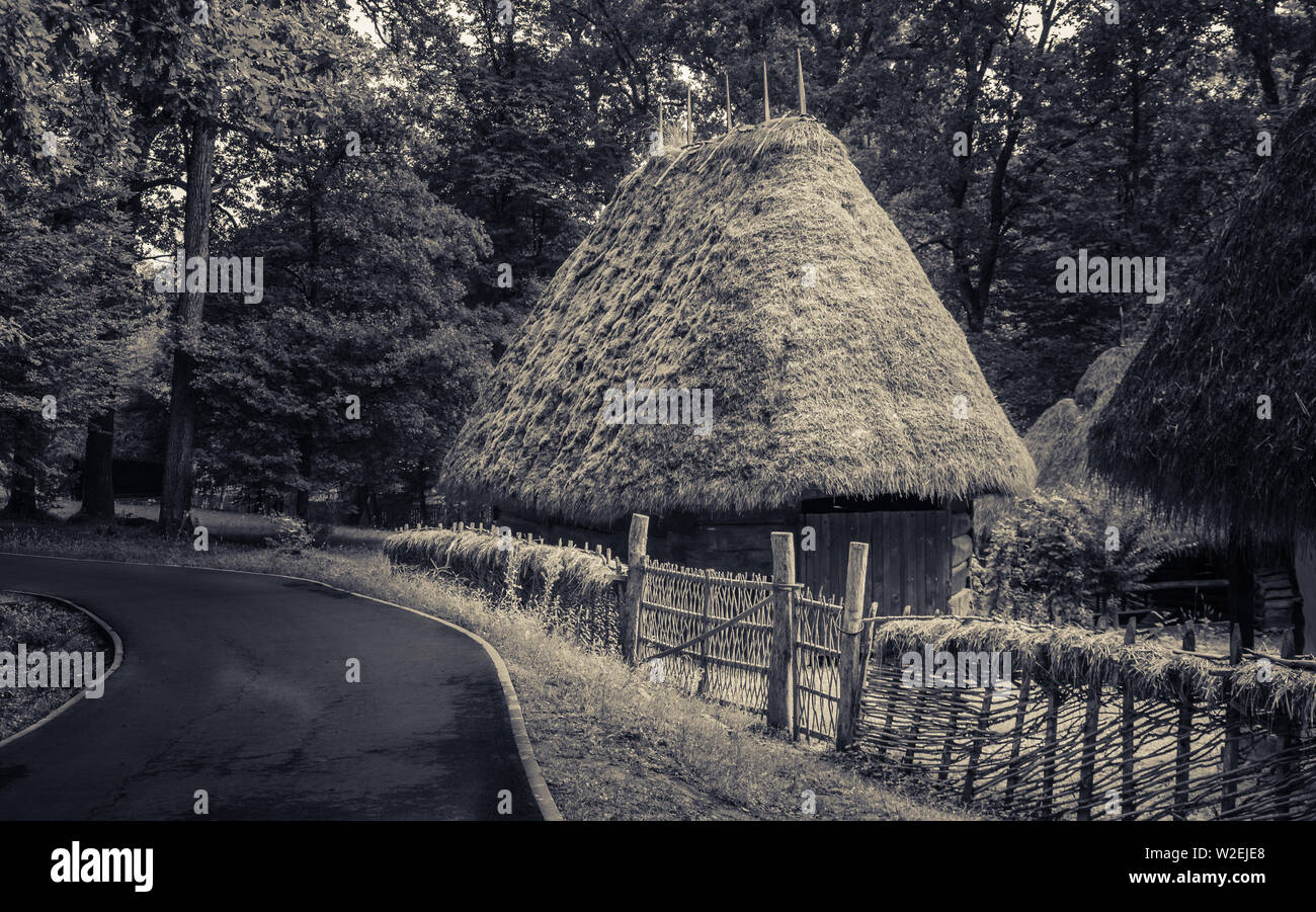 Old, small house, built in a traditional style, as people once realized the buildings they were living in. At the Village Museum in Sibiu, all settlem Stock Photo