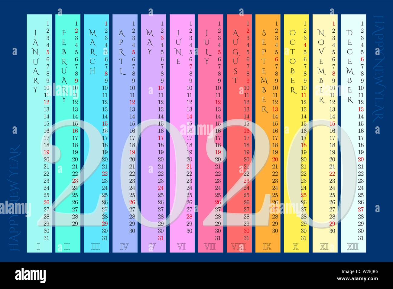 Vector rainbow wall calendar 2020 with vertical months on navy blue background Stock Vector