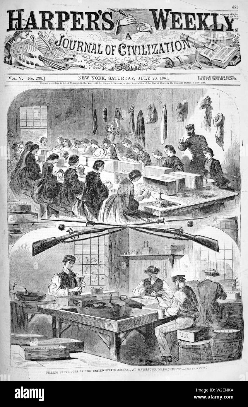 AMERICAN CIVIL WAR Cover of Harper's Weekly 20 July 1861 showing rifle and bullet production at the United States Arsenal in Watertown, Massachusetts Stock Photo