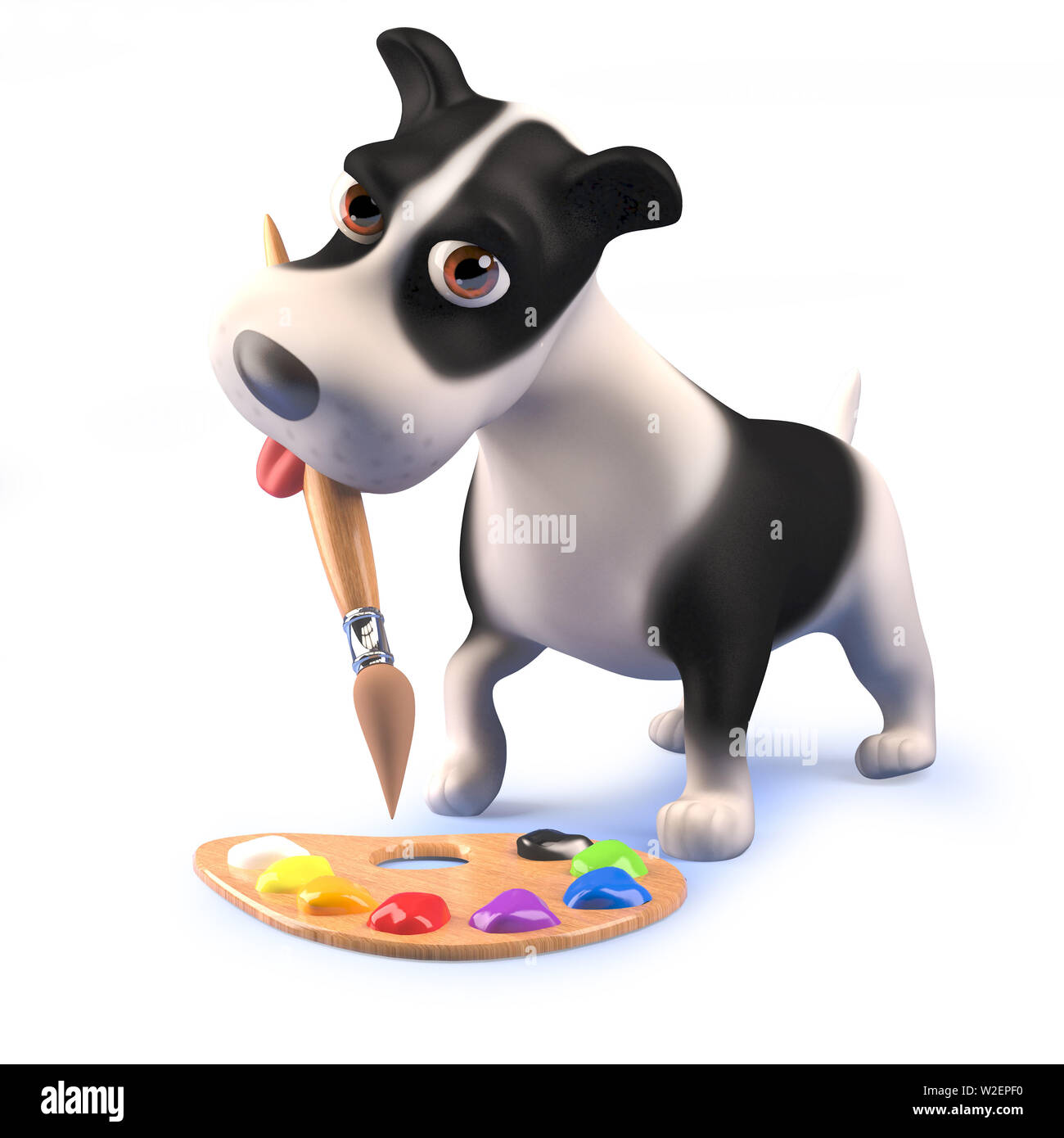 Rendered image in 3d of a cute cartoon 3d puppy dog hound playing with