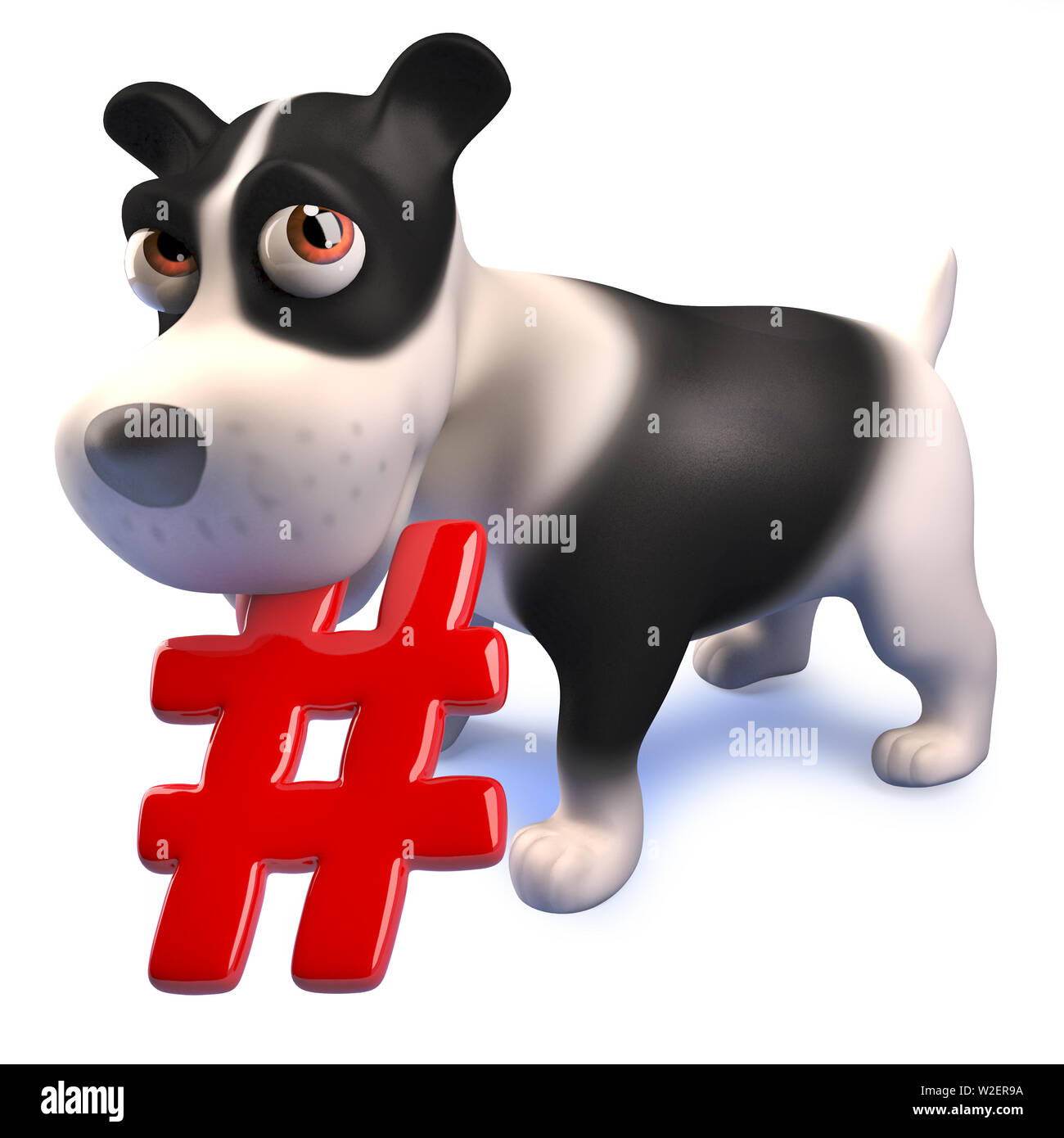 Rendered image of a cartoon 3d puppy dog character holding a hashtag symbol  in its mouth Stock Photo - Alamy