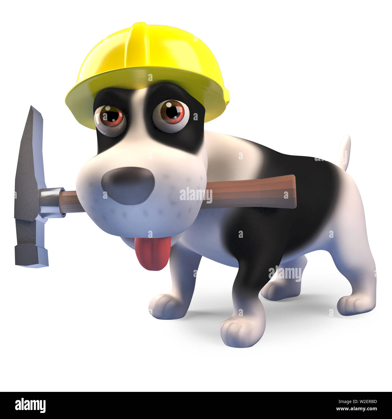 Construction worker puppy dog with hammer and wearing safety helmet, 3d