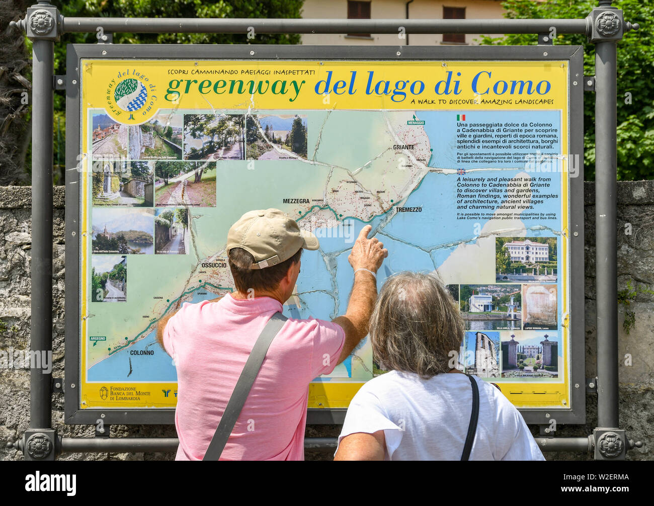 Lenno Lake Como Italy June 19 People Looking At A Map Of The Greenway Del Lago Di Como In Lenno On Lake Como The Greenway Is A Walking Route Stock Photo Alamy