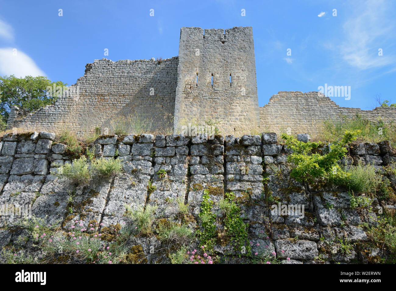 First Medieval Rampart or Defensive Wall & Moat of the Fort de Buoux, Buoux Fort or Fortress, Luberon Provence France Stock Photo