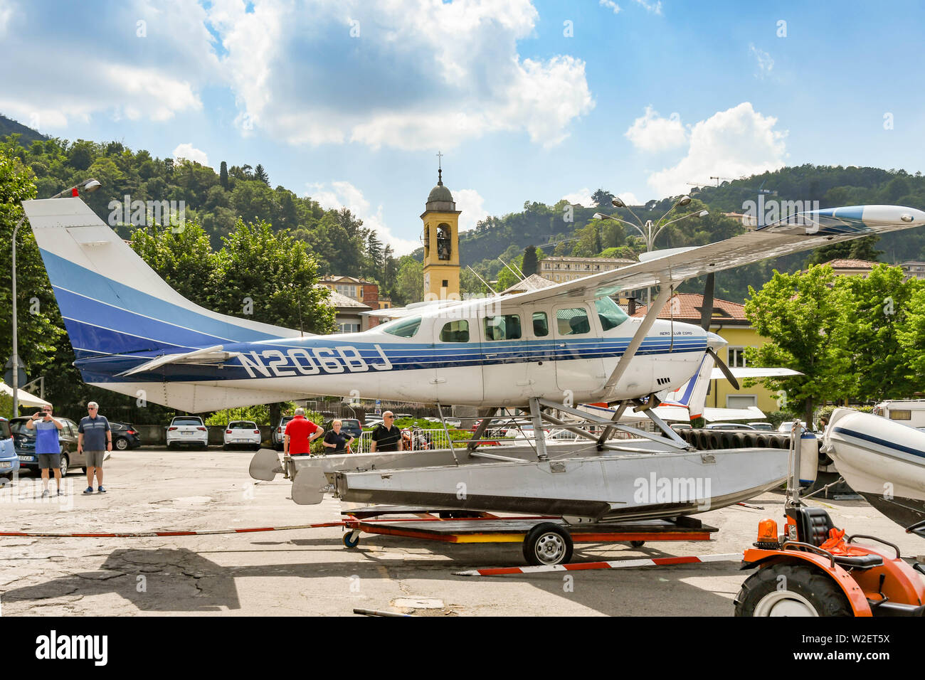COMO, LAKE COMO, ITALY - JUNE 2019: Float plane operated by the Aero Club Como on the lakeside in the town of Como on Lake Como. Stock Photo