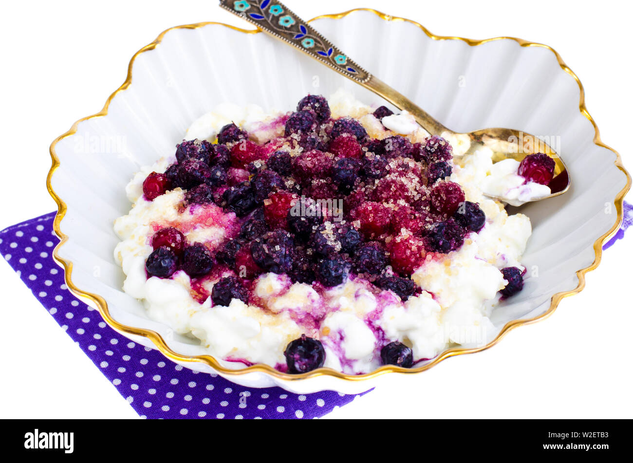 Fresh Homemade Cottage Cheese With Berries And Sugar For Baby And