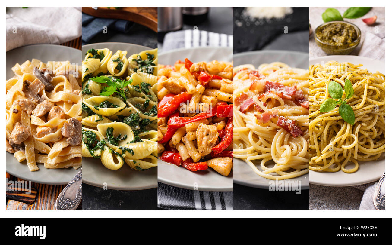 Collage with different pasta dish. Stock Photo