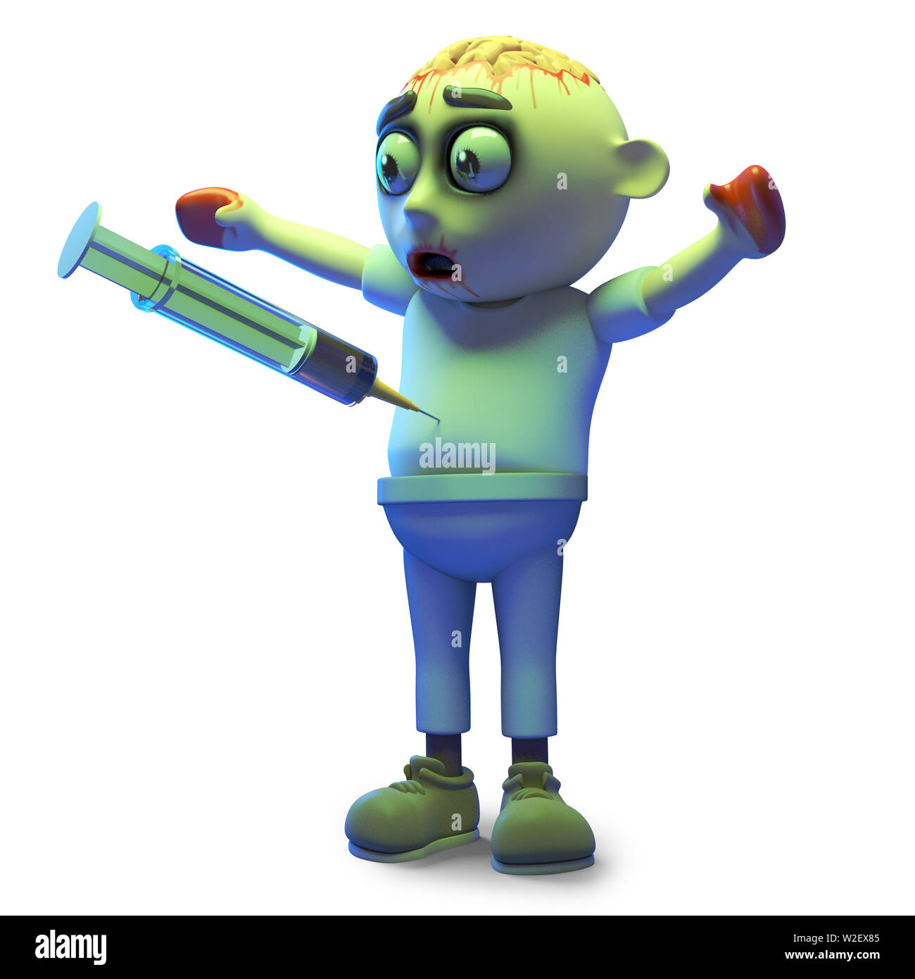Poor zombie monster had trouble with a syringe, 3d illustration render Stock Photo