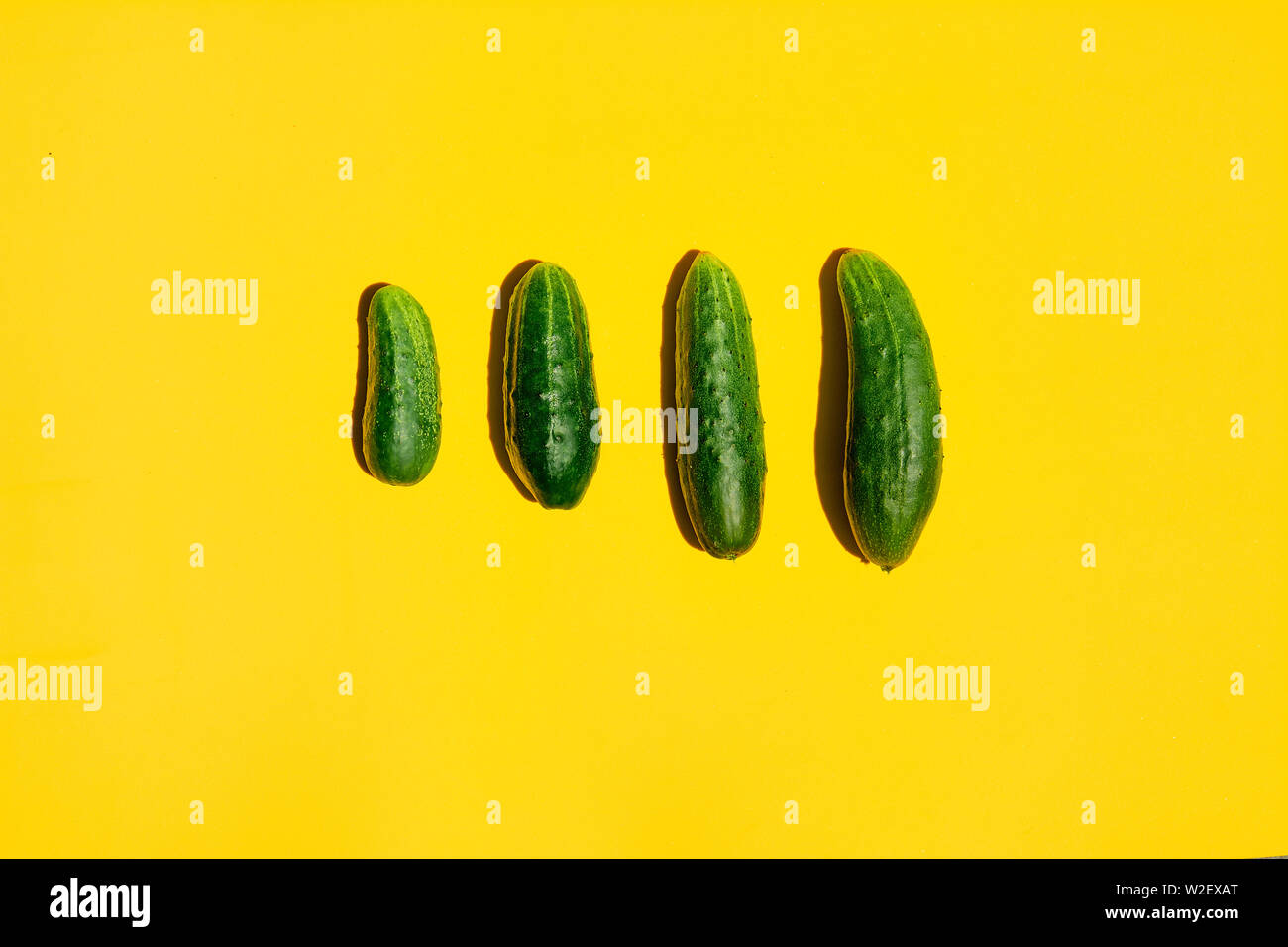 Concept Cucumbers Family on a yellow background. Dad mom baby