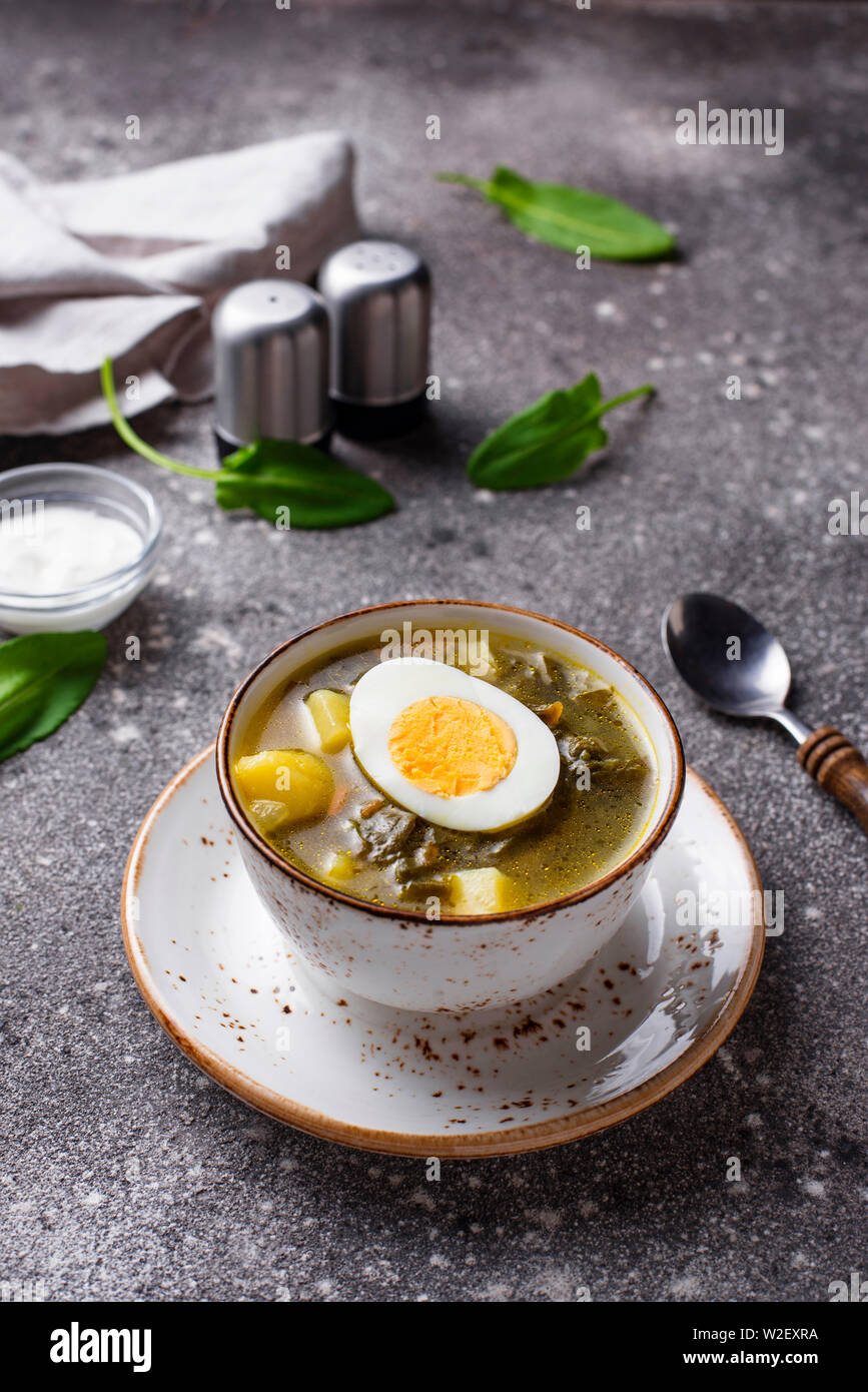 Sorrel soup or green borscht with eggs Stock Photo