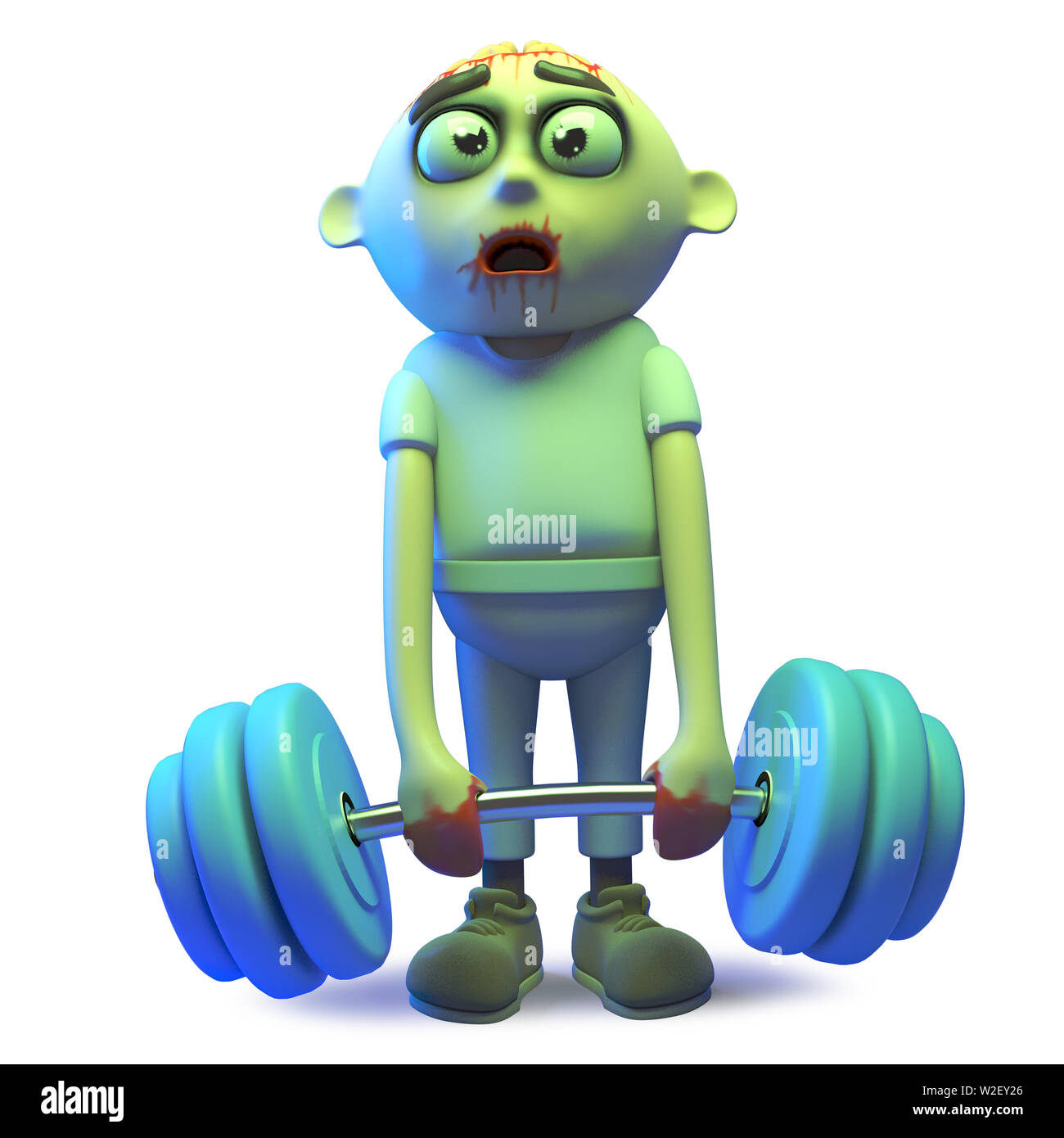 Rendered image of a stupid undead zombie monster getting in shape lifting weights, 3d illustration Stock Photo