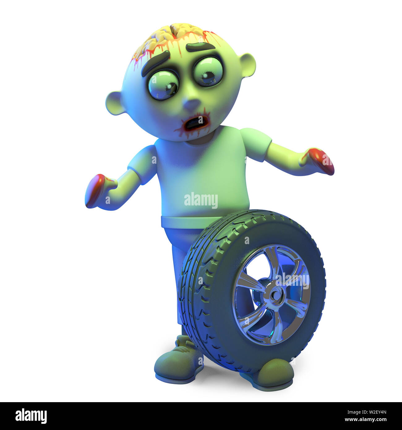 Poor undead zombie monster has dropped a car wheel and tyre on his foot, 3d illustration render Stock Photo