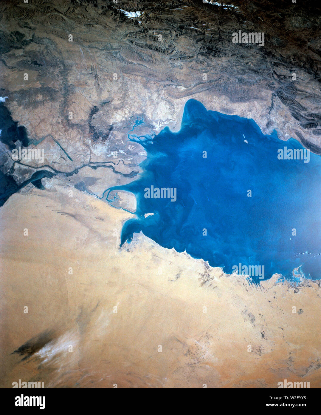 (2-6 Dec. 1988) --- Crew members for the STS-27 mission aboard the Earth-orbiting space shuttle Atlantis took this photo of the south Persian Gulf. with a hand-held, large format camera. The mouths of both the Tigris and Euphrates Rivers can be seen, as can nearly all the country of Kuwait. Stock Photo