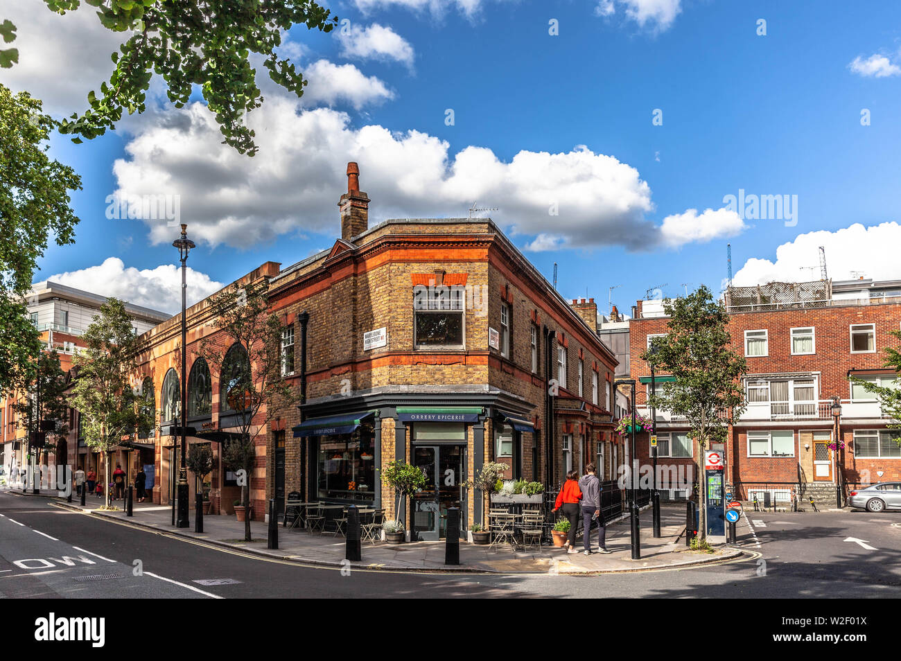 Chamfered building corner on Marylebone High Street, London W1, England