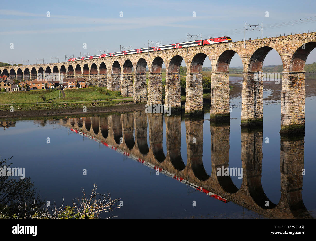 A class 91 heads over the Royal Border Bridge at Berwick upon Tweed with a London Kings Cross service. Stock Photo