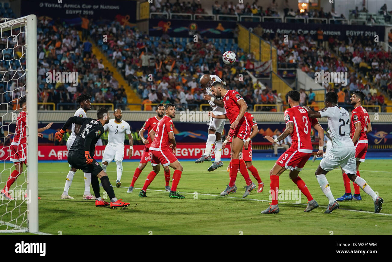 FRANCE OUT July 8, 2019: Andre Morgan Rami Ayew of Ghana and Yassine Meriah of Tunisia challenging for the ball during the 2019 African Cup of Nations match between Ghana and Tunisia at the Ismailia Stadium in Ismailia, Egypt. Ulrik Pedersen/CSM. Stock Photo