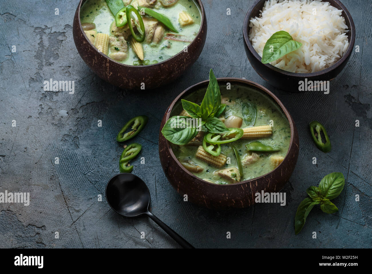 Spicy green curry with copy space, thai food. Stock Photo