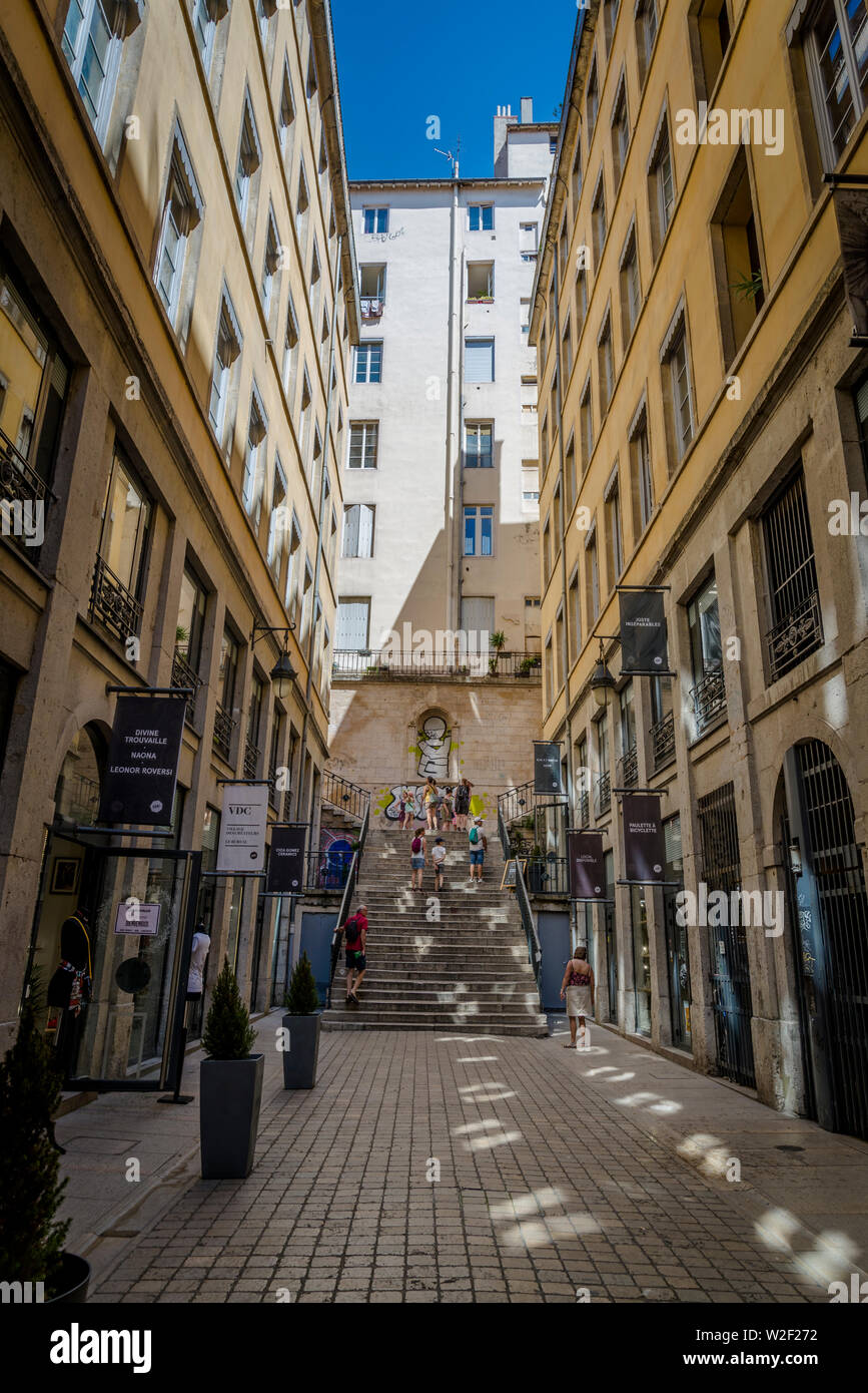 Passage Thiaffait is an urban area located on the slopes of La Croix-Rousse. It has an entry by a portico and is a curved traboule which ends with a s Stock Photo