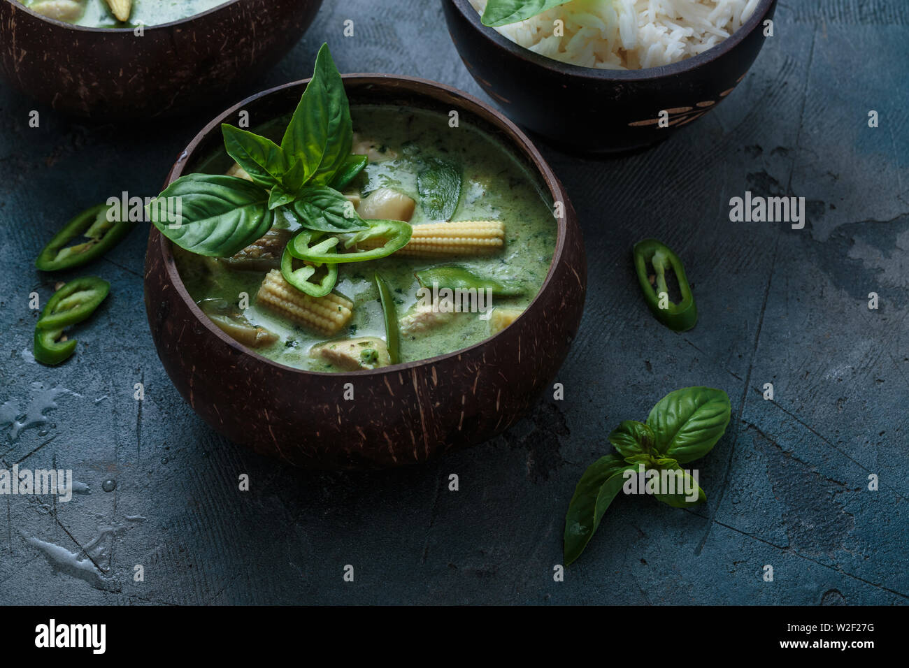 Spicy green curry with copy space, thai food. Stock Photo