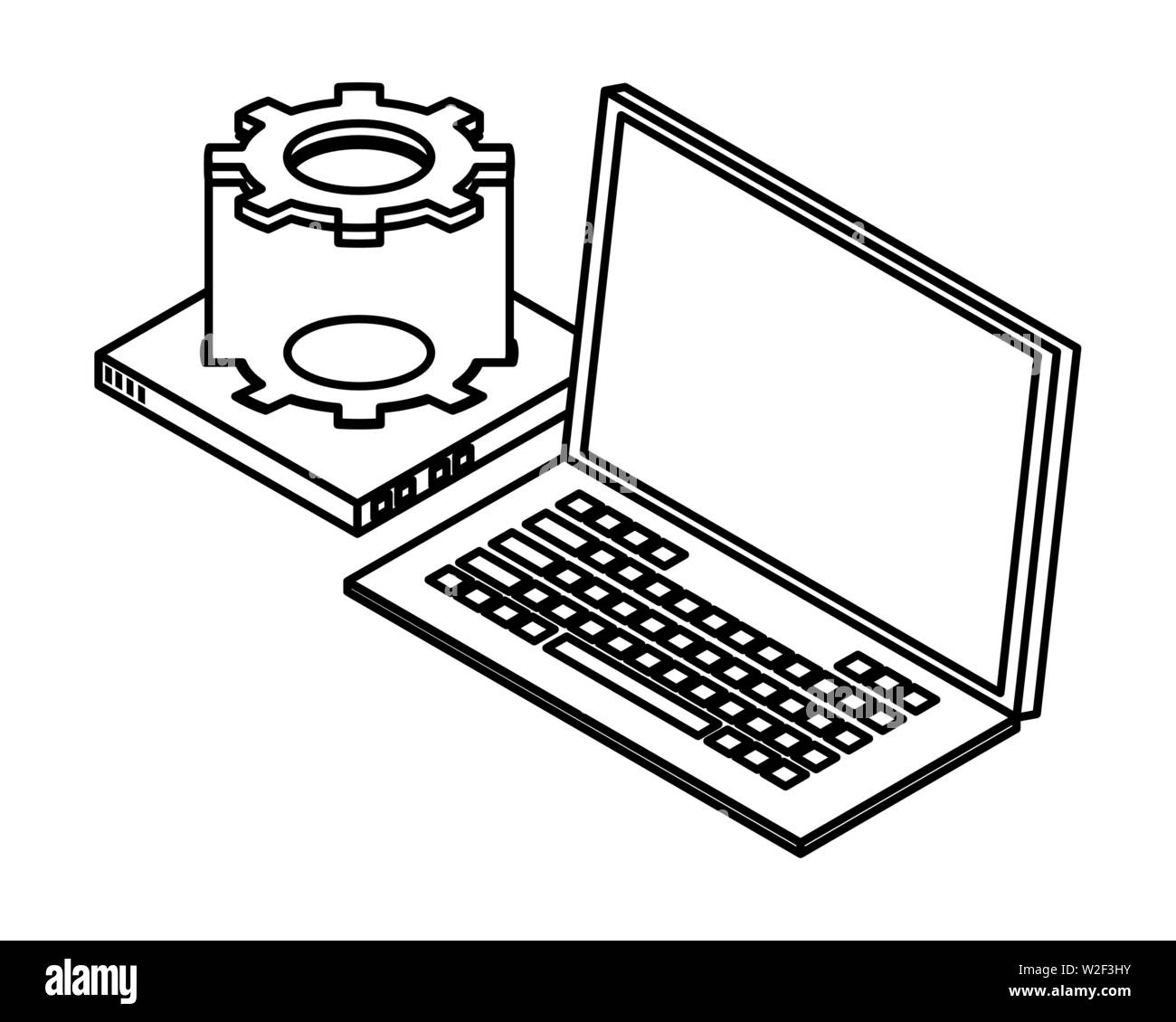 laptop hardware and computing technology in black and white Stock Vector