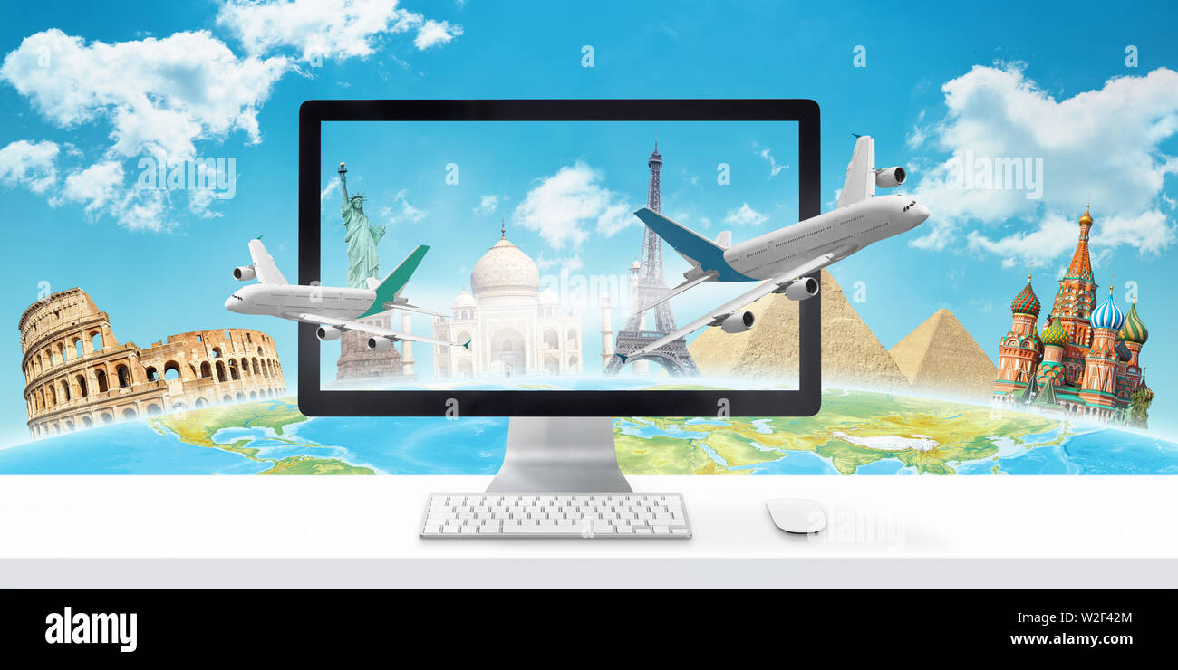 Booking holiday and ticket online concept with a computer display, planes and famous world sights in background. Stock Photo