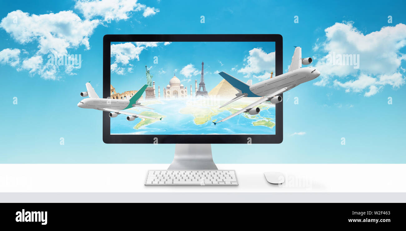 Planes flying out of the computer display. Concept of booking holiday and planning a trip online. Stock Photo