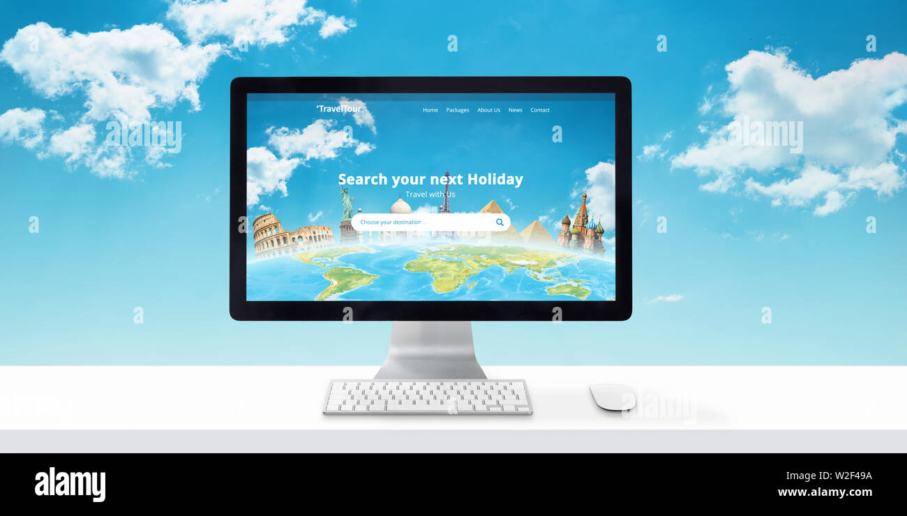 Travel agency website concept on computer display. Search destinations and vacations online. Modern flat web site desing with clouds in background. Stock Photo