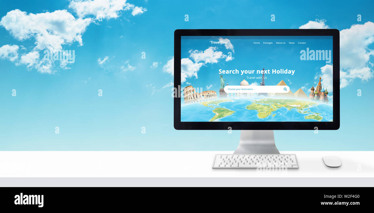 Travel agency web site on a computer display. Free space beside for text. Stock Photo