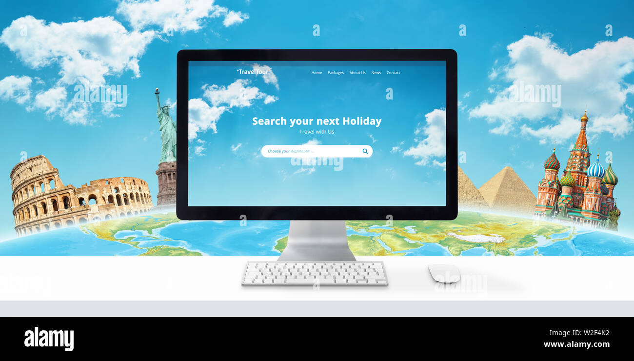 Travel destination online concept. Web site with search app and famous world sights behind the globe in the background. Stock Photo
